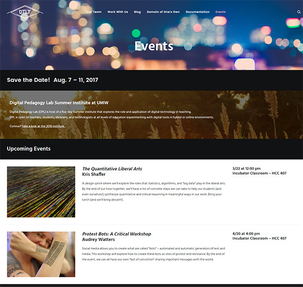 Screenshot of the Events page for DTLT's Website