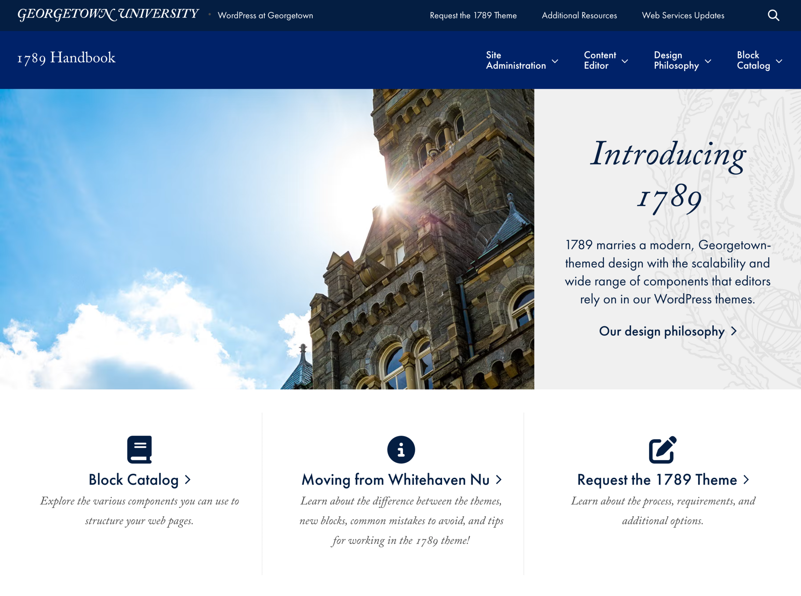 A screenshot of the top half of the homepage of the Georgetown 1789 WordPress theme handbook website.
